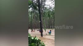 Rescue team help stranded villagers cross waist-deep floods following heavy rain in southern Thailand