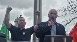 The RMT Union's Mick Lynch and MP Jeremy Corbyn join London rally against mass railway ticket office closures