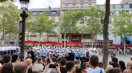 Bastille Day parade 2023: Firemen form a circle. 14 july 2023. Champs-Elysées, Paris, France