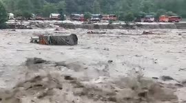 Truck Swept Away in Flooding River in Kullu, Himachal Pradesh, India