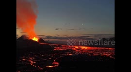 Panoramic evening shot of Fagradalsfjall volcano eruption