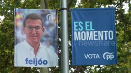 A Banner of Alberto Nunez Feijoo in Madrid, Spain