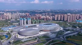 A closer look at core venue of Chengdu Universiade with FPV drone