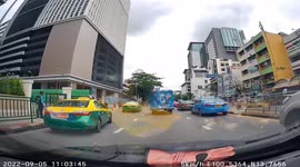 Motorcycle rider jumps off his bike when he gets shunted at crossing
