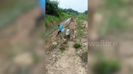 Thai woman slips down muddy riverbank while collecting water
