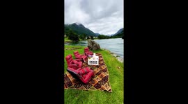 Norway's country side. Good morning beautiful scenery of mountains by the flowing river morning tea time