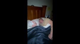 Daughter wakes her dad up with a surprise right next to him which scares him very well!!