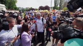 File Footage: Trade Union Leader Talks with Teachers During Protest in Bucharest, Romania