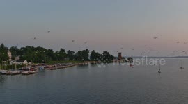 Drone video of seagulls taking flight at sunrise near the iconic Chautauqua Bell Tower on the lake.