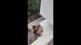 Brave man scales building to rescue kitten trapped under balcony