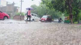 People wades through a waterlogged road during heavy rain in Rajasthan