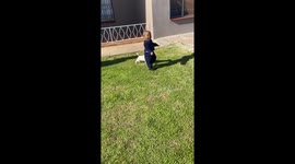 Cute toddler playfully runs around with his equally cute puppy friend *Wholesome*