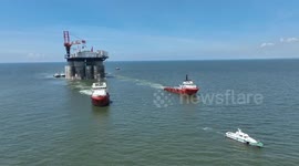 Crane of massive offshore wind farm installation vessel under renovation