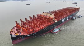 The World Largest Newly Built Container Ship Towing Operation on the Yangtze River in Suzhou, China