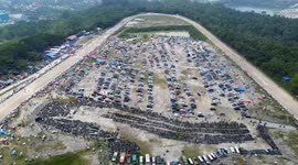 Aerial View Thousand Vehicle Visitors Is Seen Inside Stadium For Horse Racing Championship In Indonesia