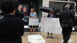 Greta lied and people died sign seen outside the Royal Festival Hall where Greta Thunberg was speaking at an event called Greta Thunberg: The Climate Event