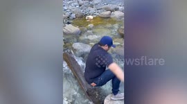 Clumsy tourist slips down log as he tries to cross river in Canada