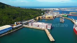 View of the Bibby Stockholm asylum and immigration barge at Portland Port near Weymouth in Dorset which is being readied for the first of the asylum seekers to board.