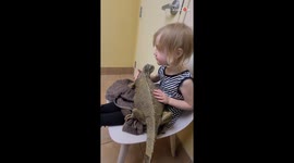 Compassionate little girl reassures and hugs her 17-year-old iguana at the vet clinic
