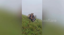 Hiking goes wrong as tourists are battered by wind on hilltop