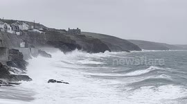Storm Antoni batters the Cornish coastline at Porthleven this morning