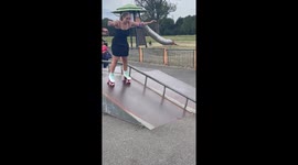 Girl trying to rollerskate down a slope falls on her butt *Hilarious Rollerskating Fail*
