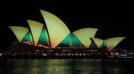 Sydney Opera House lit up in green and gold for Matildas, Sydney, Australia