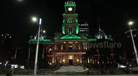 Sydney Town Hall is lit up for Matildas football team, Sydney, Australia
