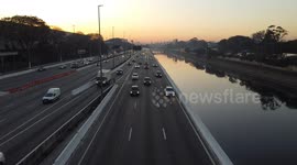 August 7, 2023, Sao Paulo, Brazil. Aerial videos of the beginning of the day on Marginal Tietê