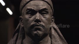 Fixed shot close-up of Hong Xiuquan's sculpture at the Taiping Heavenly Kingdom Museum in Nanjing, Jiangsu Province.