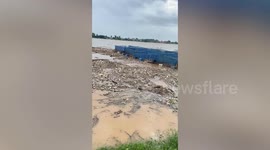Fish pen destroyed by overflowing Mekong River in northeast Thailand