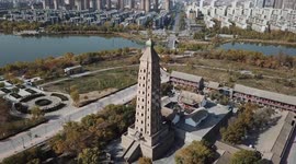 Aerial photo of Haibao Temple Pagoda in Beitahu Park, Yinchuan City, Ningxia Hui Autonomous Region, from near to far.
