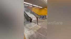 Water pours into train station in Frankfurt amid heavy rain and floods