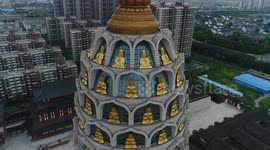 Drones take a close-up view of Baolin Zen Temple Guanyin Pavilion as the center for.