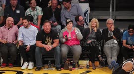 Rebel Wilson sits courtside at LA Lakers vs Brooklyn Nets basketball match