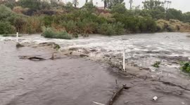 Storm Hilary flood surges through road in Palm Springs, California
