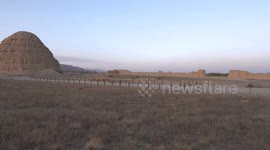 Fixed head up view from right to left and then turn back to shoot Xixia Mausoleum in Yinchuan City, Ningxia.