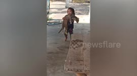 Little girl carries stray cat she found on streets home