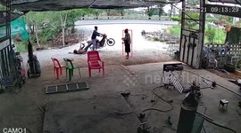 Motorbike pops up front wheel sending pillion passenger tumbling off the back