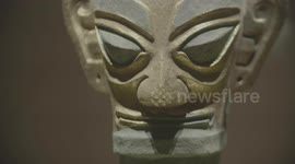 Multi lens pan shooting inside the Sanxingdui Museum in Guanghan City, Sichuan Province.