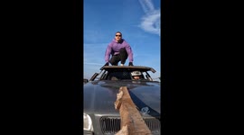 Adrenaline-packed car stunt: daring jump over slashing rope in Rostov-on-Don