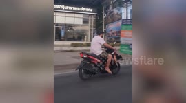 Pet dog rides in motorcycle footwell with owner