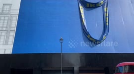 Giant Ikea bag drapes the new store on Oxford Street