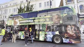 Windrush-themed bus arrives at Notting Hill Carnival to mark the 75th anniversary of the docking of HMT Empire Windrush