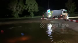 Bungling pickup truck driver who fell into pond rescued