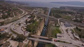 Aerial multi shot of the Corinthian Canal in Greece.