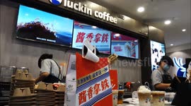 Citizens Purchase Maotai Sauce Flavored Lattes at Luckin Coffee Shop in Yichang, China