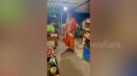 Sweet ginger cat jumps up Buddhist monk to ask for hug