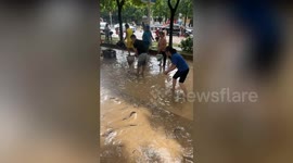 Residents catch fish on flooded street following typhoon in China
