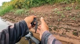 Fisherman scoops up drowning bird and releases it on dry land
